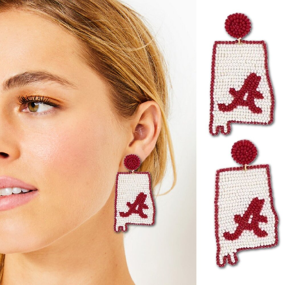 University Alabama College Football Roll Tide Beaded STATE Initial A Earrings
